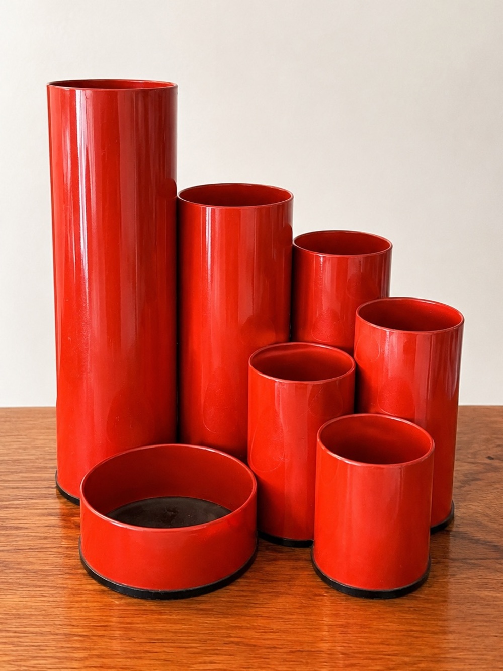 Vintage Orange Enameled Metal Cylinder Desk Organizer Space Age - Deyhle Style